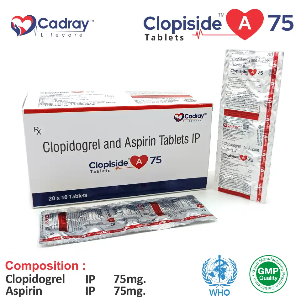 Clopidogrel 75mg + Aspirin 75mg Capsule supports heart health by preventing clot formation. WHO GMP certified, available for PCD pharma franchise at competitive pricing.